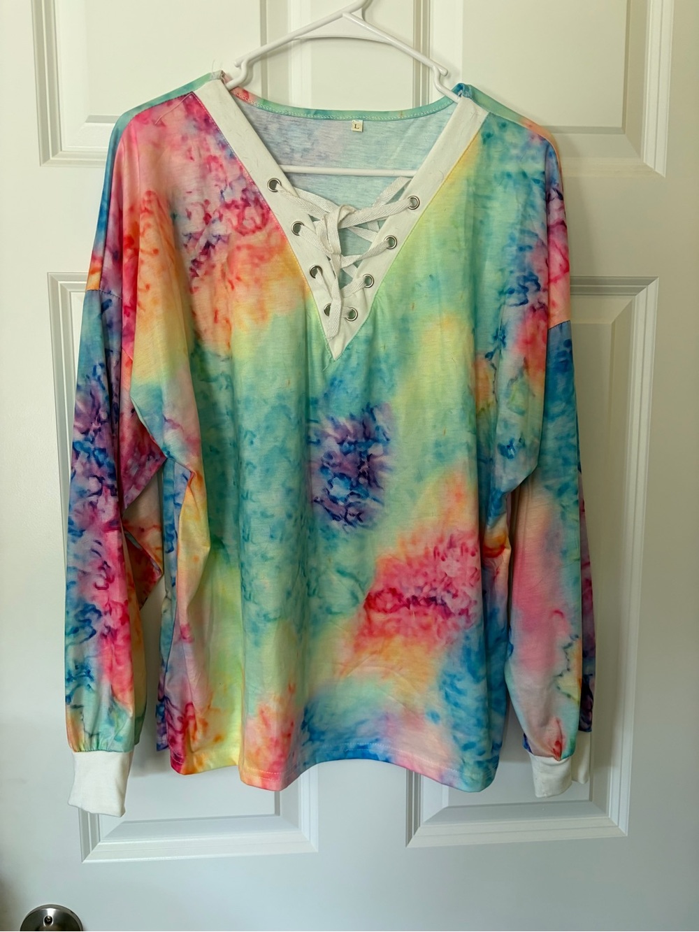 Tie-Dye Lace-Up V-Neck Long Sleeve Top - Multicolor